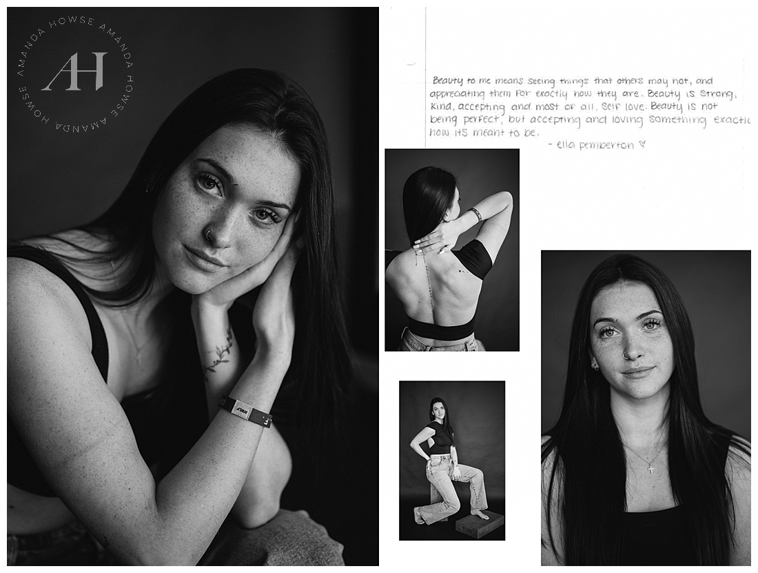 Reflections on Natural Beauty from a High School Senior | Black and White Portraits without Makeup or Editing, Project Beauty 2023 Campaign, Tacoma Senior Portraits at Studio 253 | Tacoma Senior Photographer Amanda Howse