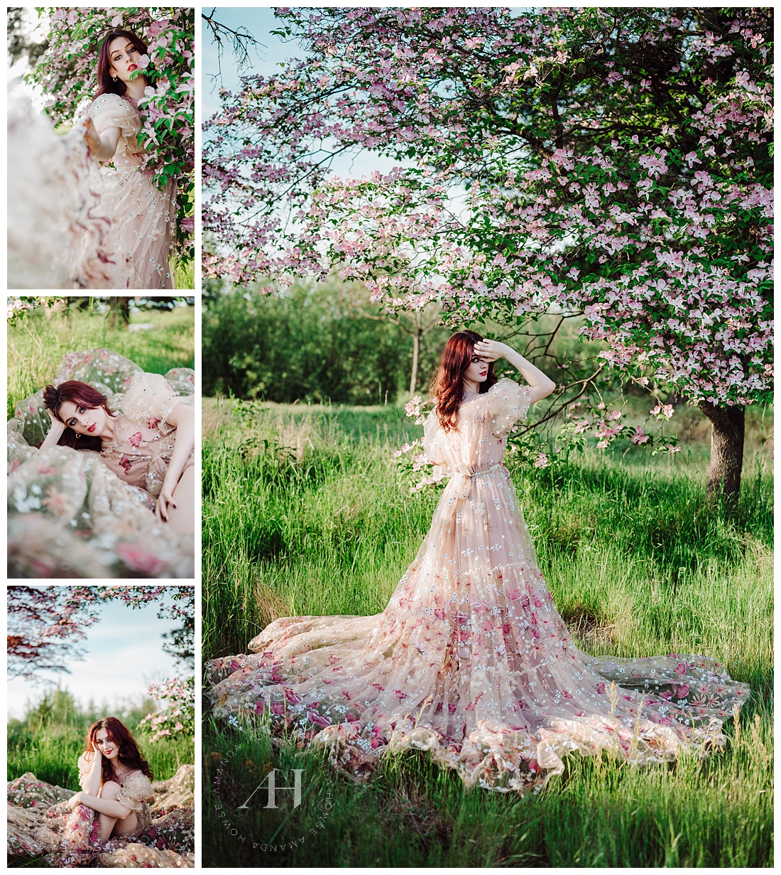 PNW Forest Goddess Enchanted Portrait Shoot | Cherry Blossoms and Flowy Pink Dress, Flutter Dress Rental | Photographed by the best Tacoma, Washington Senior Photographer Amanda Howse