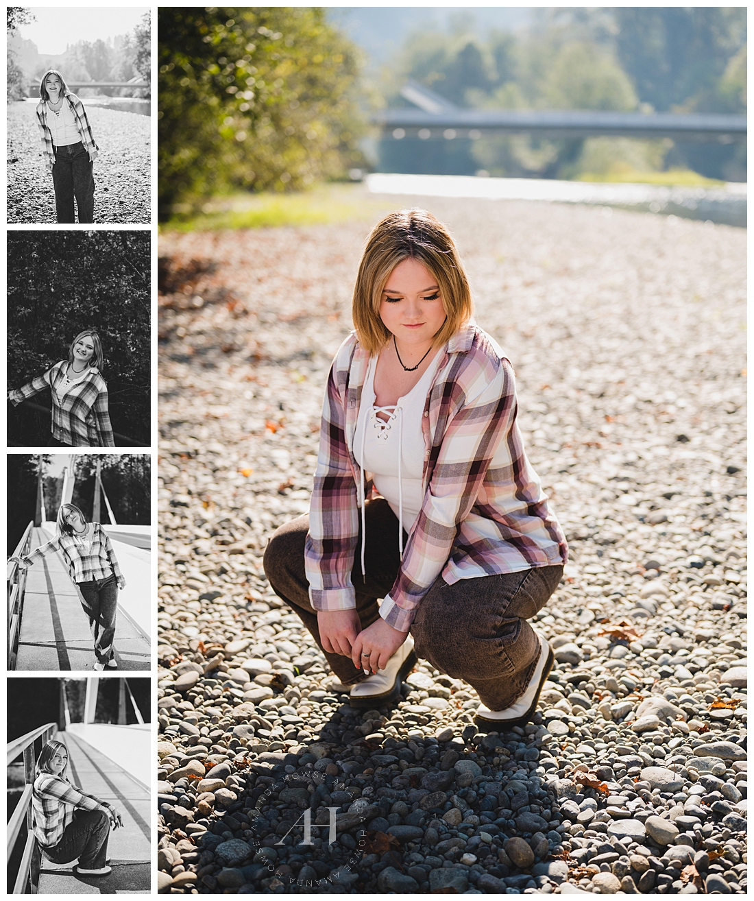 Fall Senior Photos by the River in Auburn | Flannel and Cute White Boot Fall Outfit Ideas | Photographed by the best Tacoma, Washington Senior Photographer Amanda Howse