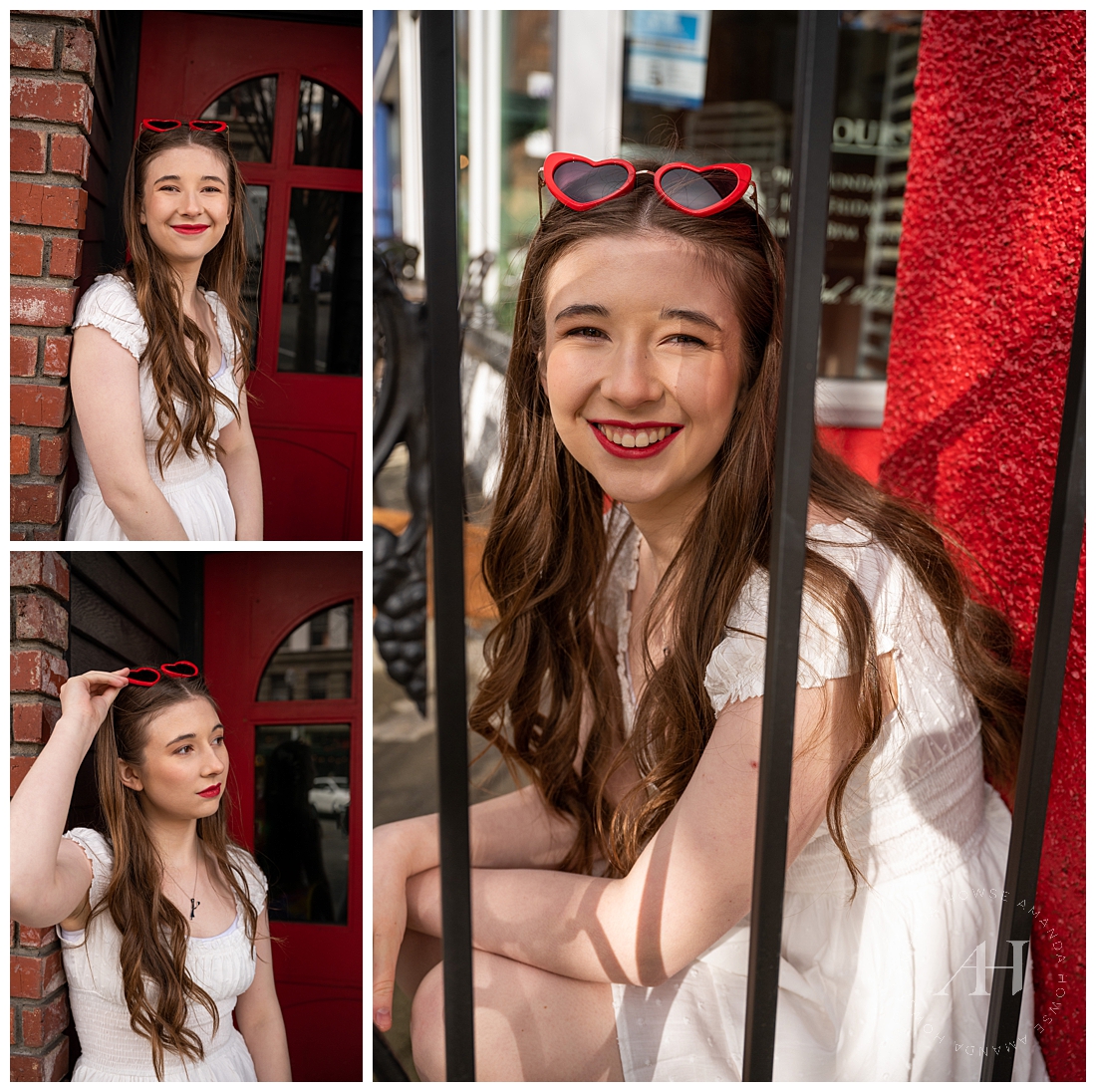 Urban Downtown Tacoma Senior Portraits | Retro Red Sunglasses and White Dress | Photographed by the best Tacoma, Washington Senior Photographer Amanda Howse