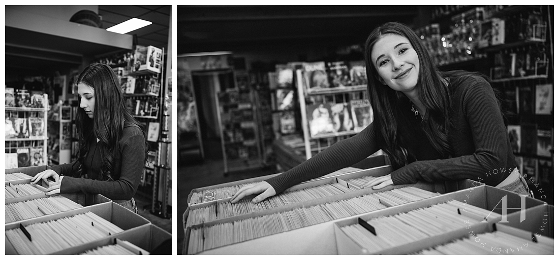 Urban Record Shop and Bookstore Portraits in Black and White | King's Books in Downtown Tacoma | Photographed by the best Tacoma, Washington Senior Photographer Amanda Howse