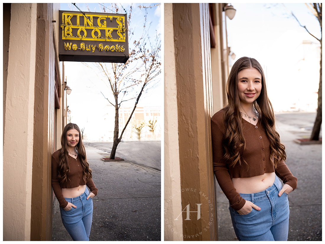 Downtown Senior Photos in Tacoma | Bookstore Senior Portrait Pose Ideas | Photographed by the best Tacoma, Washington Senior Photographer Amanda Howse