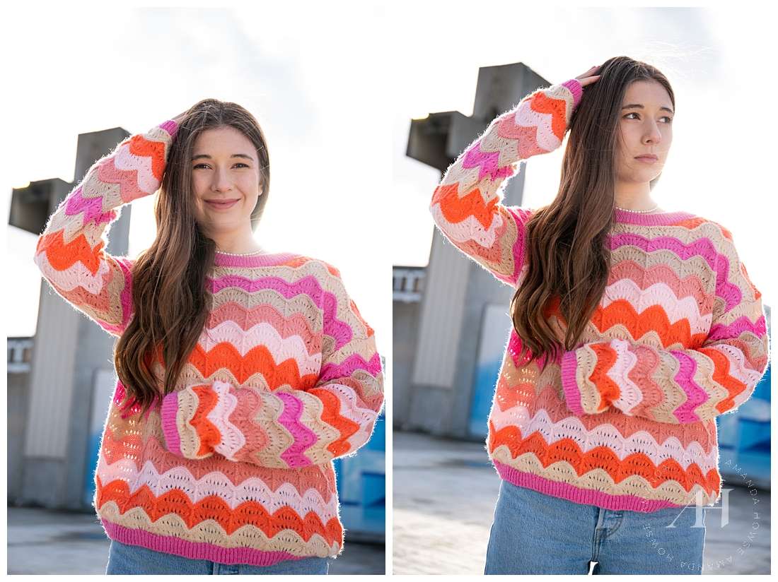 Rooftop Senior Portraits in Downtown Tacoma | How to Style Striped Sweater and Jeans | Photographed by the best Tacoma, Washington Senior Photographer Amanda Howse
