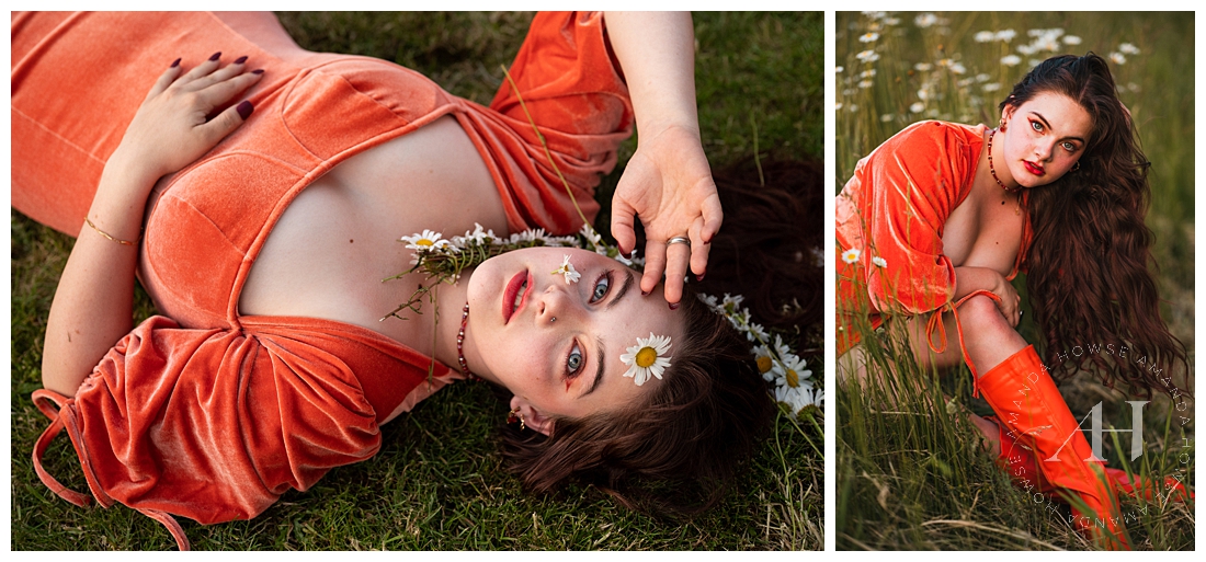Burnt Orange Editorial Outfit in PNW Flower Field | Photographed by the Best Tacoma, Washington Senior Photographer Amanda Howse Photography