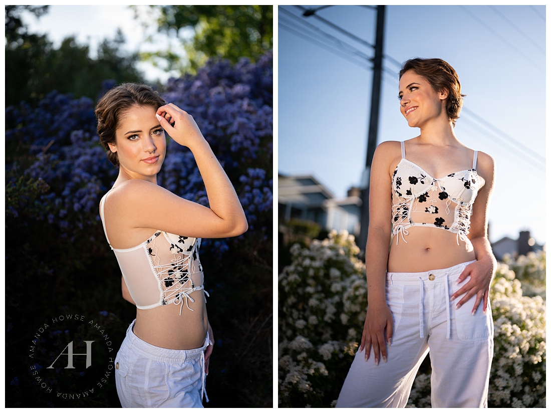 Tacoma Senior Portraits | Black and White Corset Top with White Linen Pants | Photographed by the best Tacoma, Washington Senior Photographer Amanda Howse