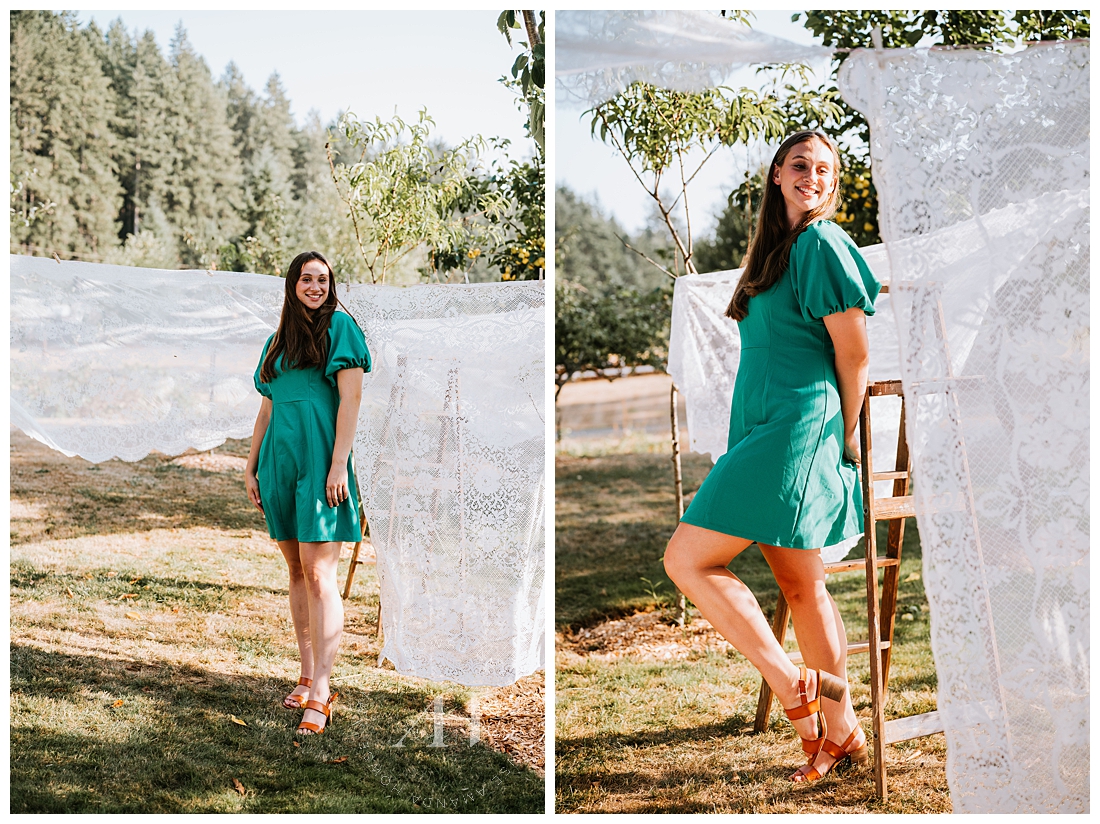 Whimsical Portrait Ideas For End of Summer | White Lace and Green Trees | Photographed by the Best Tacoma, Washington Senior Photographer Amanda Howse Photography