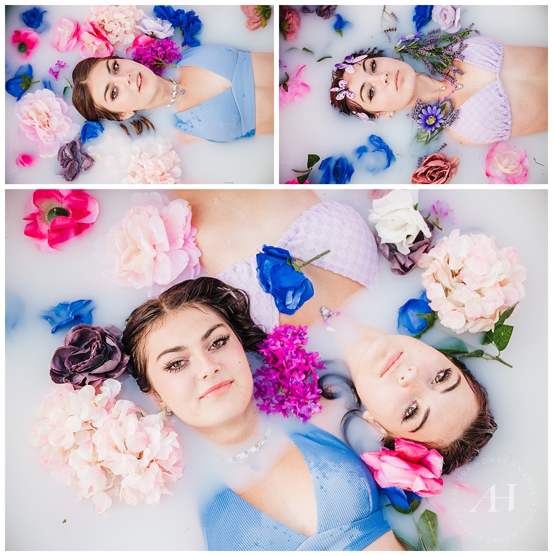 Milk Bath Portraits with Pink and Blue Flowers | AHP Model Team Summer Shoot | Photographed by the Best Tacoma, Washington Senior Photographer Amanda Howse Photography