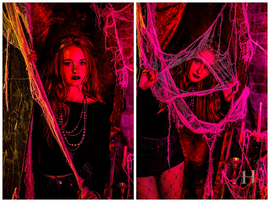 Creepy Pose Ideas For Halloween Photos in Spider Webs | Photographed by the Best Tacoma Senior Photographer, Amanda Howse Photography 
