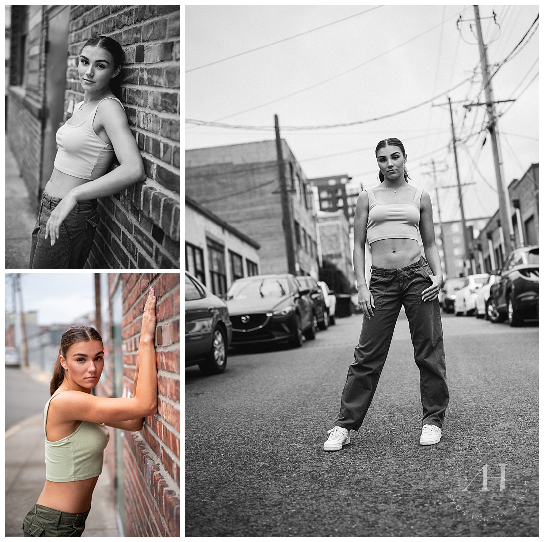 Black and White Senior Photos in Downtown Tacoma | Crop Top and Pants Senior Outfit Idea | Amanda Howse Photography 