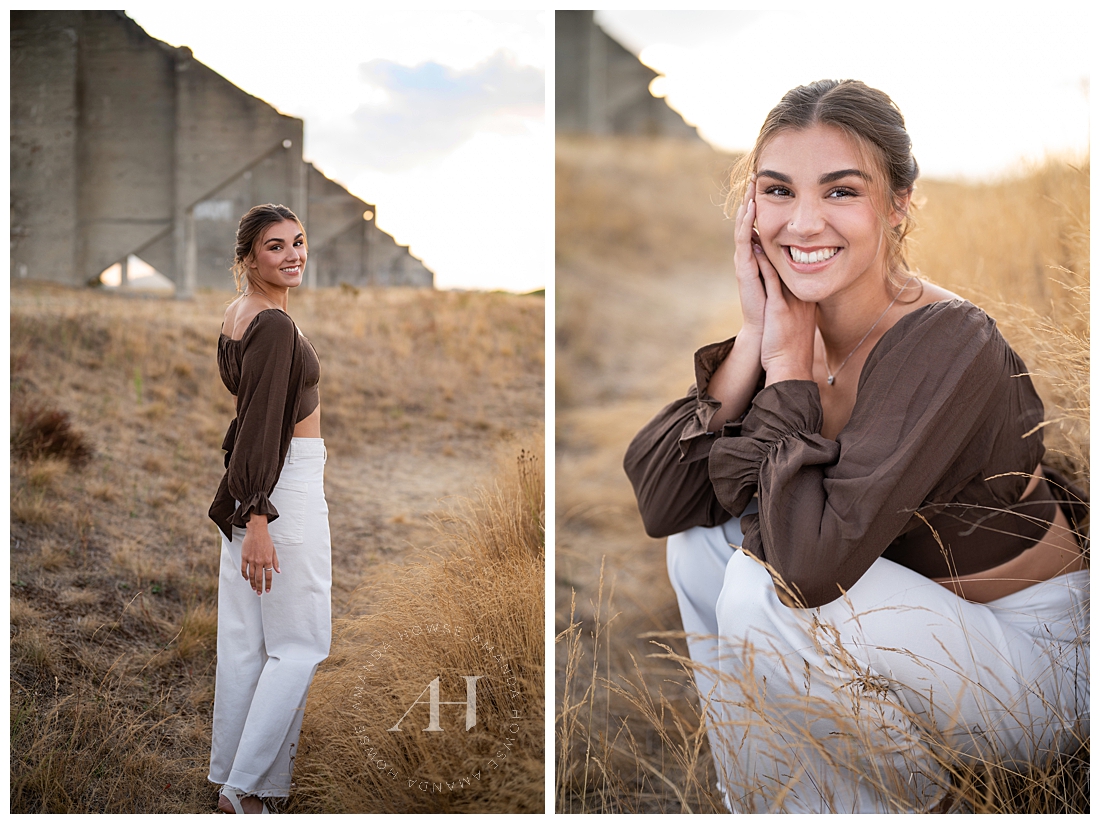 Neutral Color Outfit Ideas Perfect For High School Seniors | Crop Top Blouse and White Wide Leg Pants | AHP Class of 2024 