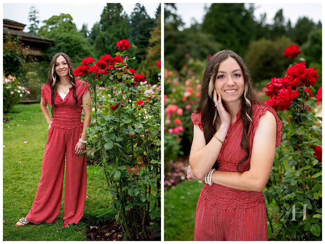 Perfect Red Jumpsuit For Spring and Summer | Rose Garden Senior Session | Photos by Amanda Howse Photography | Best Tacoma Senior Photographer 