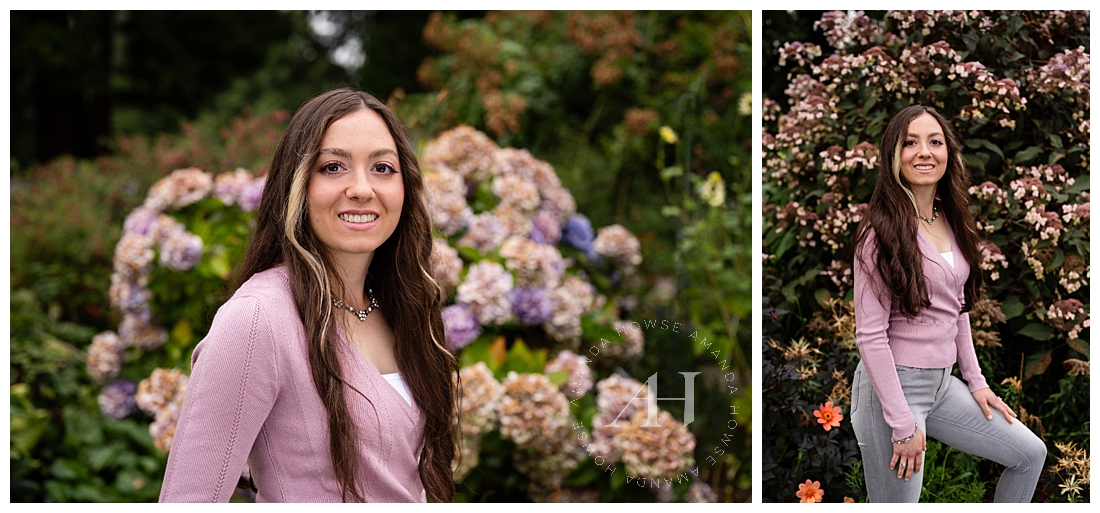 Lilac-Toned Senior Portraits with Hydrangea Bushes | Photos by Amanda Howse Photography | Best Senior Photographer in Tacoma 