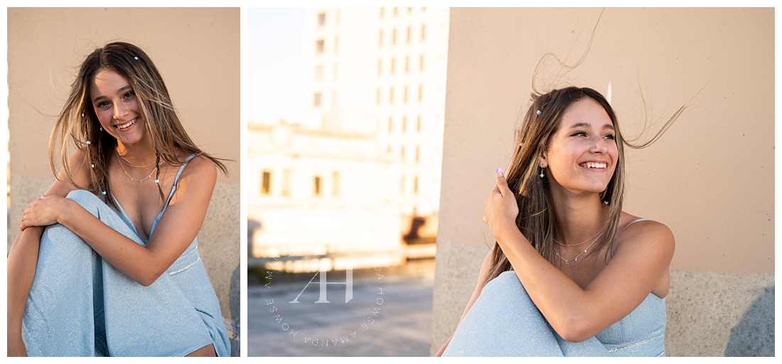Summer Parking Garage Prom Portraits | Blue Dress and Blonde Hair | AHP Class of 2023