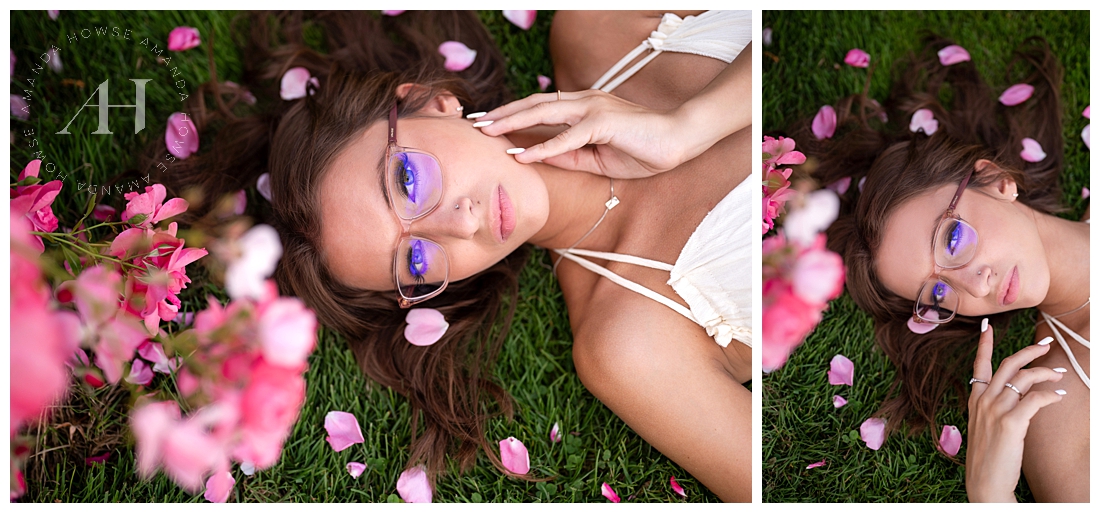 Cute Flower Petal Senior Photo Ideas | Pink Petals and Green Grass | By Amanda Howse Photography