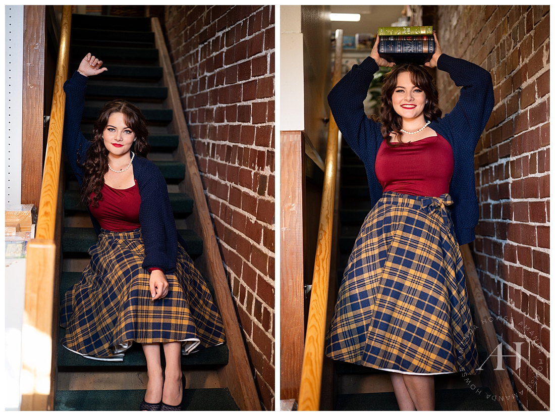Retro Bookstore Photoshoot For High School Senior | Books and Sweaters | Amanda Howse Photography