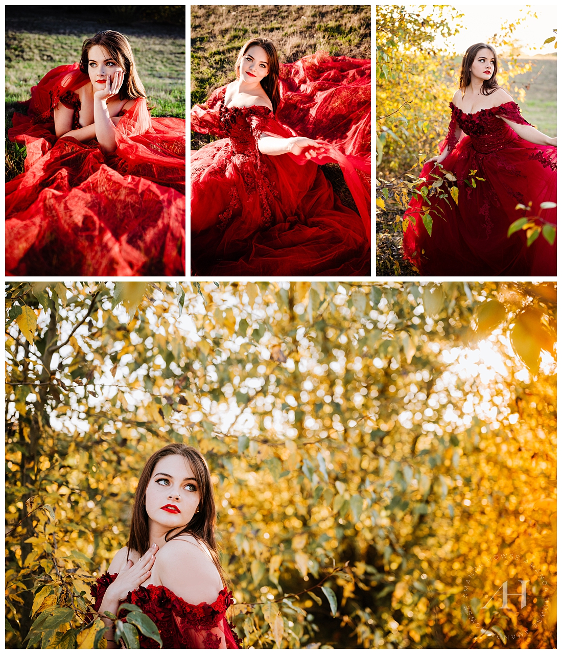Dreamy, Red Dress Senior Portrait Shoot in Fall Leaves | Unique Senior Photo Ideas For High Schoolers | Amanda Howse Photography