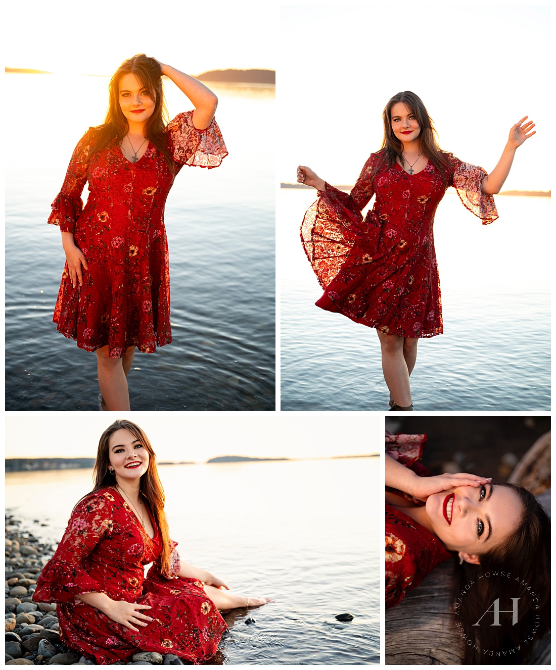 Beachy Waterfront Senior Photos At Sunset | Red Sundress and Bare Feet | Amanda Howse Photography