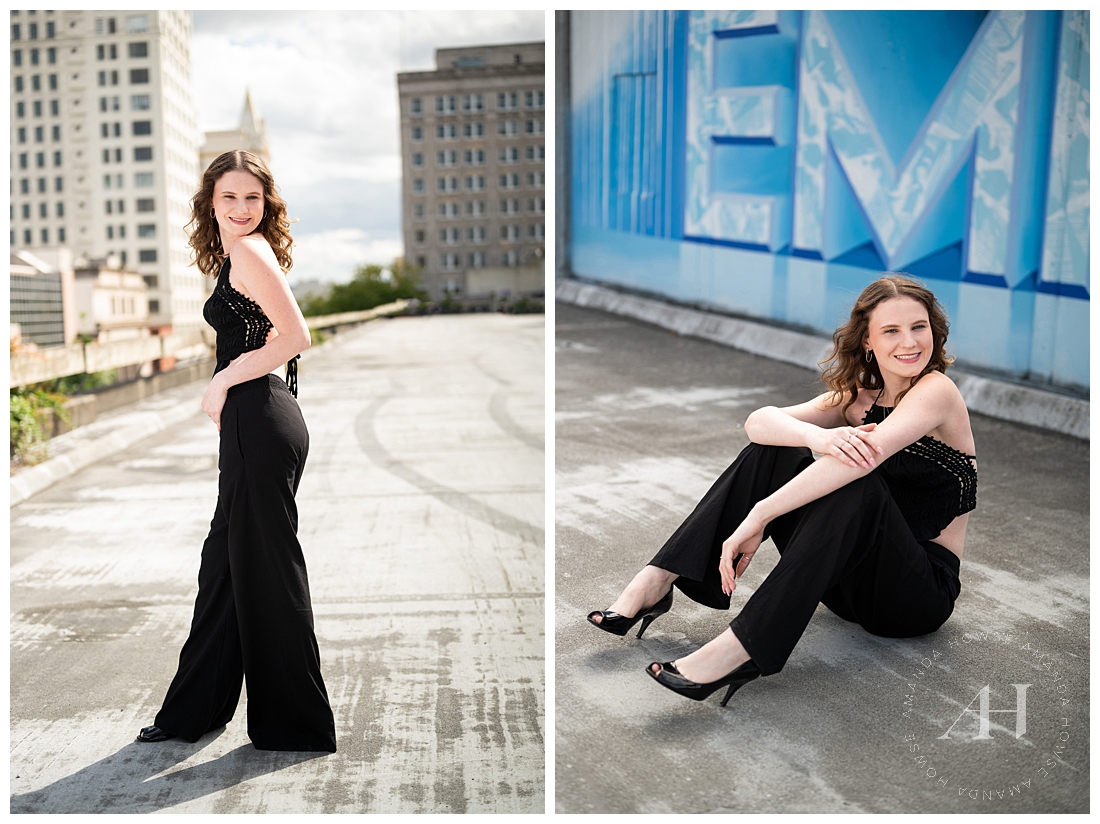 Rooftop Senior Portraits with Stylish Black Outfit | Amanda Howse Photography 
