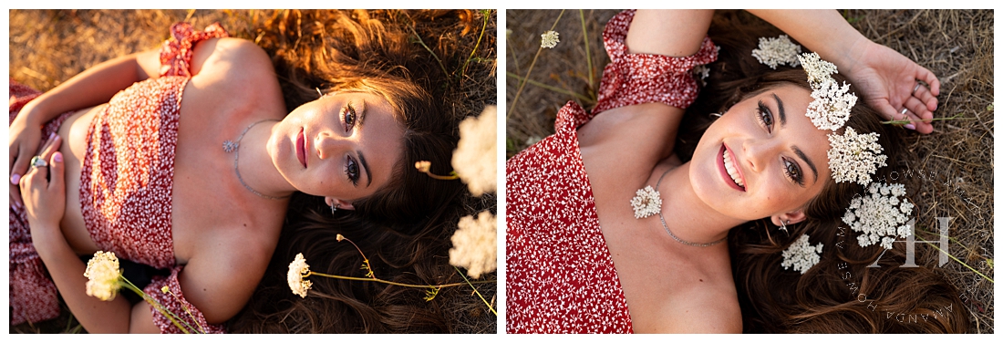 Summertime Sunlight Senior Portraits with White Wild Flowers | PNW Seniors | Amanda Howse Photography