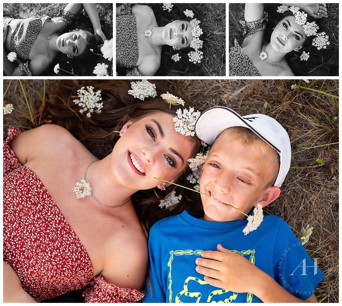 Cute Brother/Sister Senior Portraits with Wild Flowers | How to Include Siblings in Senior Photos | Amanda Howse Photography