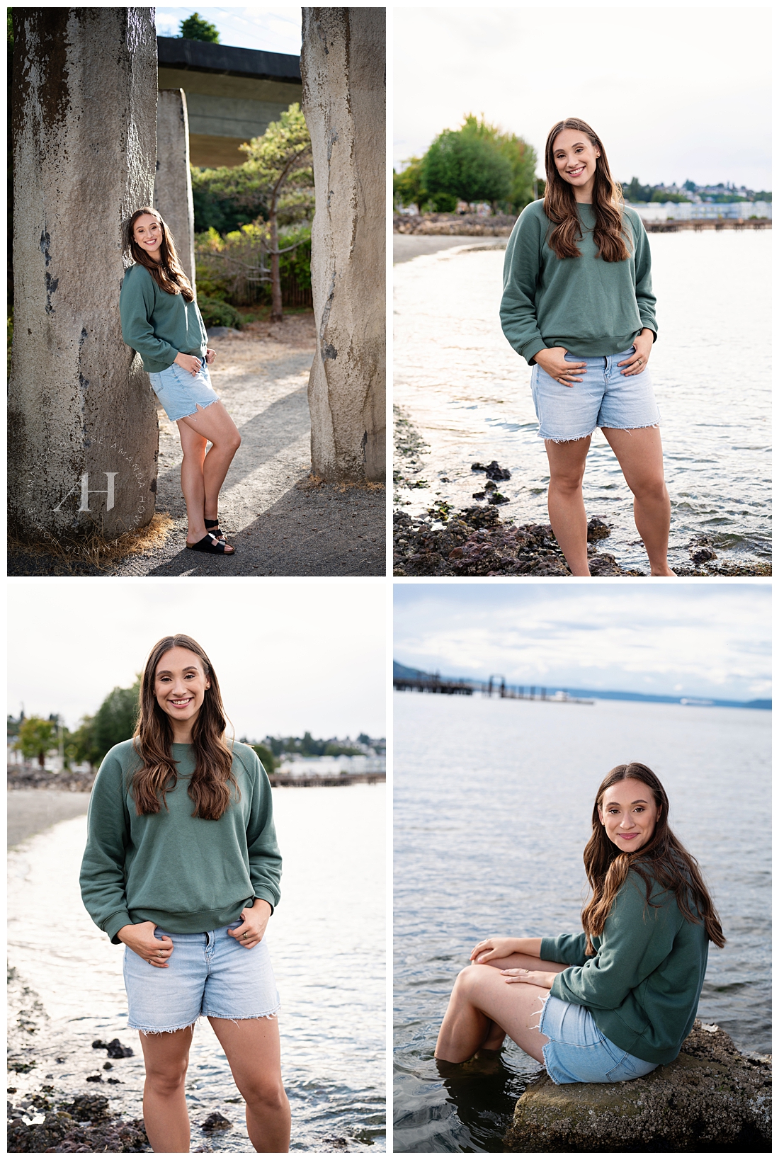 Cute and Cozy Senior Photos by the Water | Green Sweater and Jean Short Senior Style | Amanda Howse Photography 