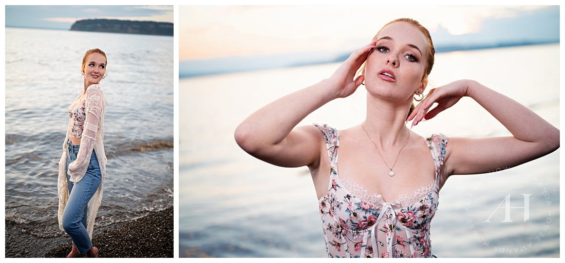 Barefoot Beach Senior Portraits on Puget Sound | Best Ways to Wear Corset and Jeans | Amanda Howse Photography 